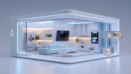 A futuristic home with a white interior and blue accents