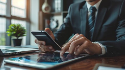 Aufkleber - A businessman sits at a desk, using both a smartphone and tablet, suggesting he is managing multiple tasks and digital communication