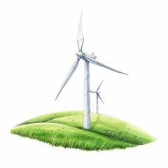 Wall Mural - A conceptual watercolor image of a wind farm on a grassy hill, illustrating renewable energy sources, isolated on a clean white backdrop