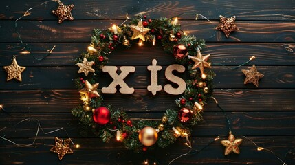 Wall Mural - Flat lay Christmas background Word Xmas and wreath made of Christmas decoration and christmas lights on dark wooden table top view 