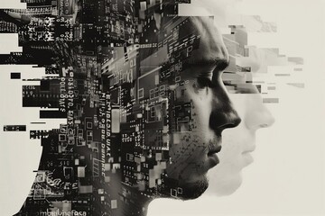 Poster - A digital black and white collage of computer screens and code, forming the shape of an abstract human head with many parts in white background in the hyper-realistic style. screen print poster.