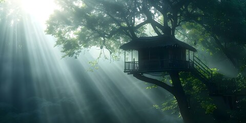 Wall Mural - Secluded Hermit's Dwelling Sunlit Tree House in a Serene and Foggy Forest. Concept Treehouse Dwellings, Secluded Retreats, Sunlit Sanctuaries, Foggy Forests, Hermit's Hideaway