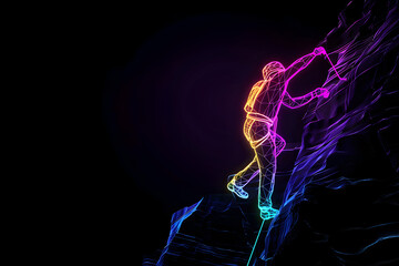 Wall Mural - Dynamic neon climber reaching the top isolated on black background.