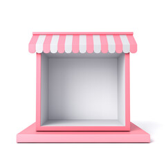Aufkleber - Blank sweet pink exhibition booth store showcase or blank minimal product display podium kiosk shop stand with pink striped awning isolated on white background with shadow minimal concept 3D rendering