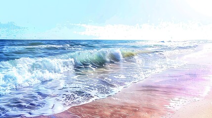 Wall Mural - a peaceful beach scene in color pencil style, with gentle waves and a clear sky copy space for text,