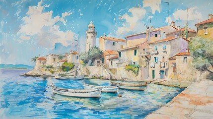 Wall Mural - A picturesque color pencil landscape of a coastal village, with boats and a lighthouse Copy space for text, sharp focus and clear light, high clarity no grunge, splash, dust, noise