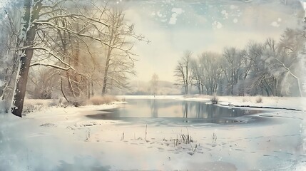 Wall Mural - a picturesque winter scene in color pencil, with snow-covered trees and a frozen lake copy space for