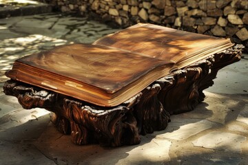 Poster - Open, aged book rests on a carved wooden stand, bathed in natural light