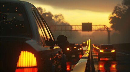 Cars lined up in traffic on a highway at sunset, with the warm glow of the setting sun reflecting off their surfaces. The scene captures the end-of-day commute, blending the beauty of nature 
