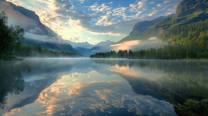 Serene mountain lake reflecting clouds and sky at sunrise. Concept of nature, landscape, travel, and tranquility.