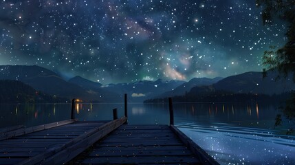 Wall Mural - Serene Night Sky with Stars Reflected in Calm Lake Water, Tranquil Evening Scene from Wooden Dock