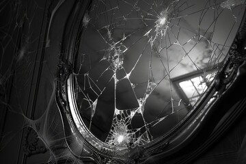 Poster - Broken antique mirror in eerie setting, reflecting light and creating a spooky, mysterious atmosphere with cracked glass patterns.
