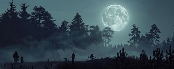 Poster - Mystical forest landscape with full moon illuminating misty trees, creating a serene and eerie night scene in the wilderness.