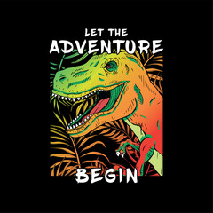 Aufkleber - textile print design with wild dinosaur and tropical leaf drawing as vector