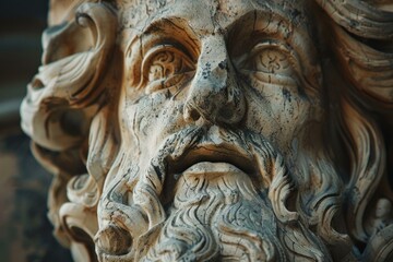 Wall Mural - Closeup of a weathered stone sculpture with a bearded face, embodying historical artistry