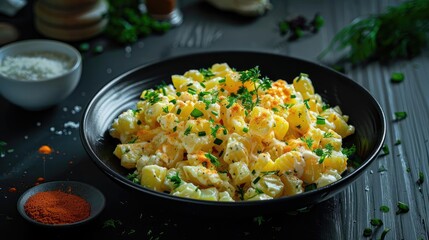 Wall Mural - Delicious creamy potato salad garnished with fresh herbs, served in a black bowl on a dark wooden table.