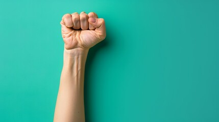 Wall Mural - A fist is raised in the air on a green background