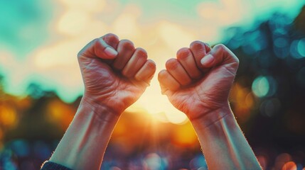 Wall Mural - Two hands raised in the air, one of which is clenched into a fist