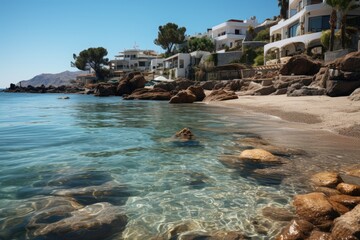 Wall Mural - Santorini, Cyclades, Perissa Beach, known for its crystal clear waters., generative IA