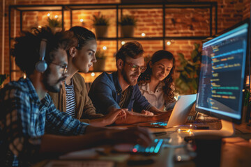 A group of developers men and women working together to program an e-commerce website.