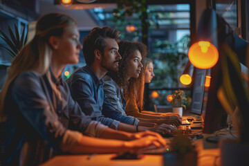 A group of developers men and women working together to program an e-commerce website.