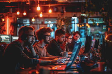 A group of developers men and women working together to program an e-commerce website.