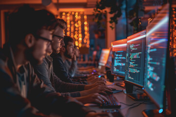 A group of developers men and women working together to program an e-commerce website.