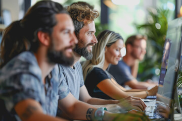 A group of developers men and women working together to program an e-commerce website.
