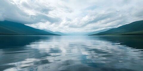 Wall Mural - Scenic View Lake Surrounded by Hills Under Cloudy Sky. Concept Nature Photography, Landscape, Cloudy Sky, Scenic Views, Lake Reflections