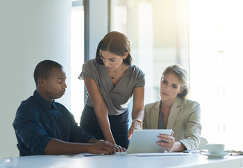 Aufkleber - Meeting, tablet and business people in office for planning, online networking and discussion. Corporate team, boardroom and men and women on digital tech for research, website and company review