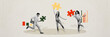 © deagreez - Composite panoramic collage of happy business colleagues hold puzzle idea development logic decision isolated on painted background