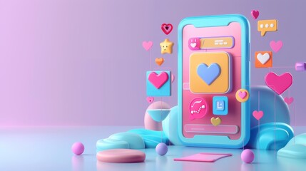 Wall Mural - Colorful 3D social media app interface with a smartphone displaying chat features, emojis, and hearts