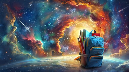 Wall Mural - cosmic illustration of magical books in space vivid galaxy background colorful adventure