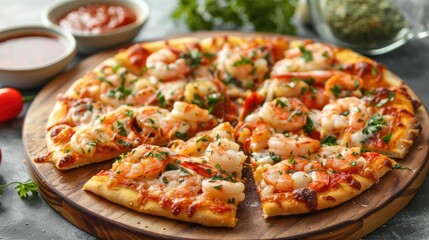 Wall Mural - Homemade seafood pizza on wooden platter with sauce sliced for convenience