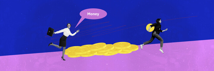 Poster - Creative abstract template collage panorama of funny two girls running hurry earning money traders unusual fantasy billboard comics