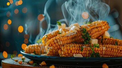 Wall Mural - Steaming hot grilled corn on the cob topped with fresh herbs and butter - a mouthwatering summer treat perfect for any barbecue or picnic.