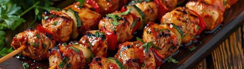 Delicious grilled chicken kebabs with vegetables on skewers, garnished with fresh herbs, perfect for a summer barbecue or outdoor party.