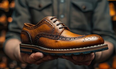 Artisan cobbler's hand holds brown leather shoe for restoration work in dimly lit repair shop.