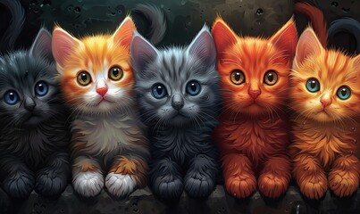 Adorable cartoon kittens cuddle together, their colorful eyes gazing out from a cute background. Lovely, funny wallpapers perfect for cat lovers and home decor.