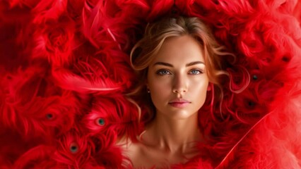 Poster - A woman lies surrounded by red feathers, her blue eyes looking intensely at the camera.