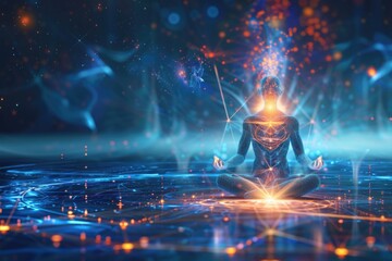 A person is meditating in a pool of water with a glowing orb in the center