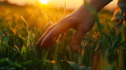 A man's hand moves through a green wheat field at sunset, touching young wheat. A boy's hand touches the wheat during sunset.