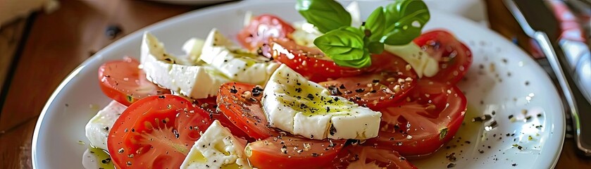 Wall Mural - Close-up of a fresh Caprese salad with tomatoes, mozzarella, basil, and seasoning on a white plate. Perfect for healthy food concepts.