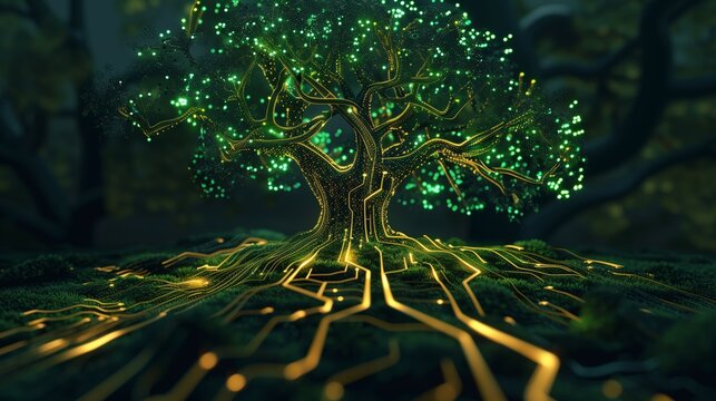 A tree with glowing branches resembling electronic circuits