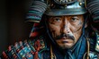 © Ta - Samurai warrior portrait in armor, close-up attack pose against black backdrop, copy space available.