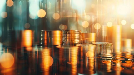 Poster - A stylized image of stacked gold coins against a backdrop of a cityscape, symbolizing financial success and growth
