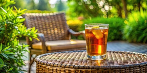 Sticker - A glass of iced tea on a wicker table.