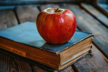 Poster - Closeup of a glossy red apple resting on a pile of old, weathered hardcover books