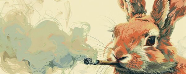 Wall Mural - An artistic depiction of a rabbit smoking a joint, blending elements of surrealism and humor in the illustration.