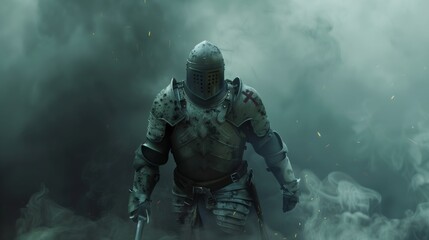 Wall Mural - Armored Templar Knight Emerging Through Smoke in Battle